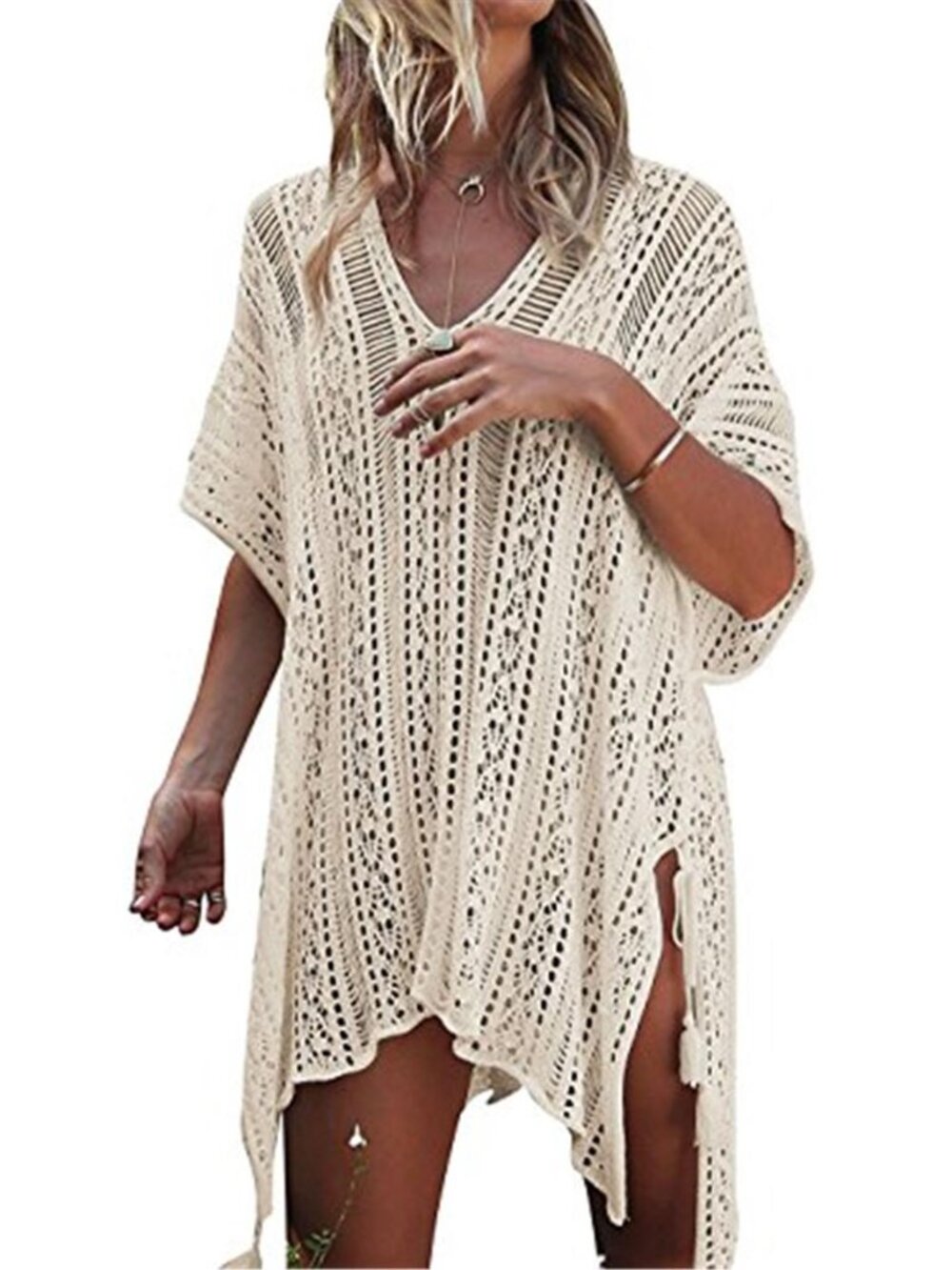 HARHAY Beige Crochet Swim Cover Up V Neck Beach Kaftan Tunic Dress
